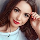 Portrait of woman with long brown hair, hazel eyes, red nail polish, white top, subtle