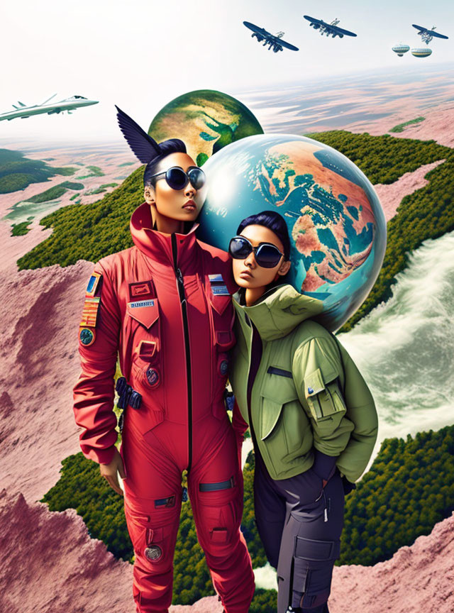 Futuristic flight suits individuals in surreal landscape with earth-like sphere