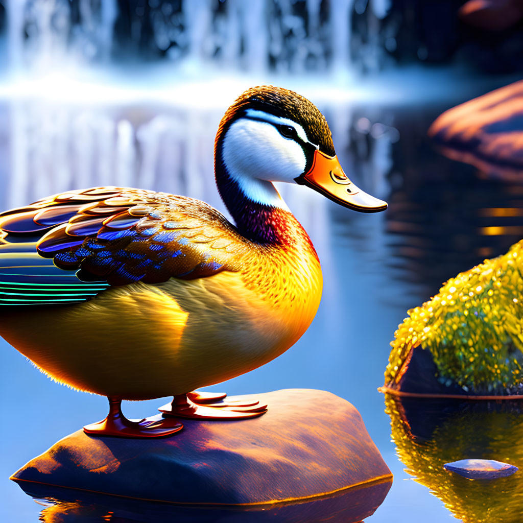 Colorful Duck Standing on Rock by Calm Blue Water with Waterfall Background