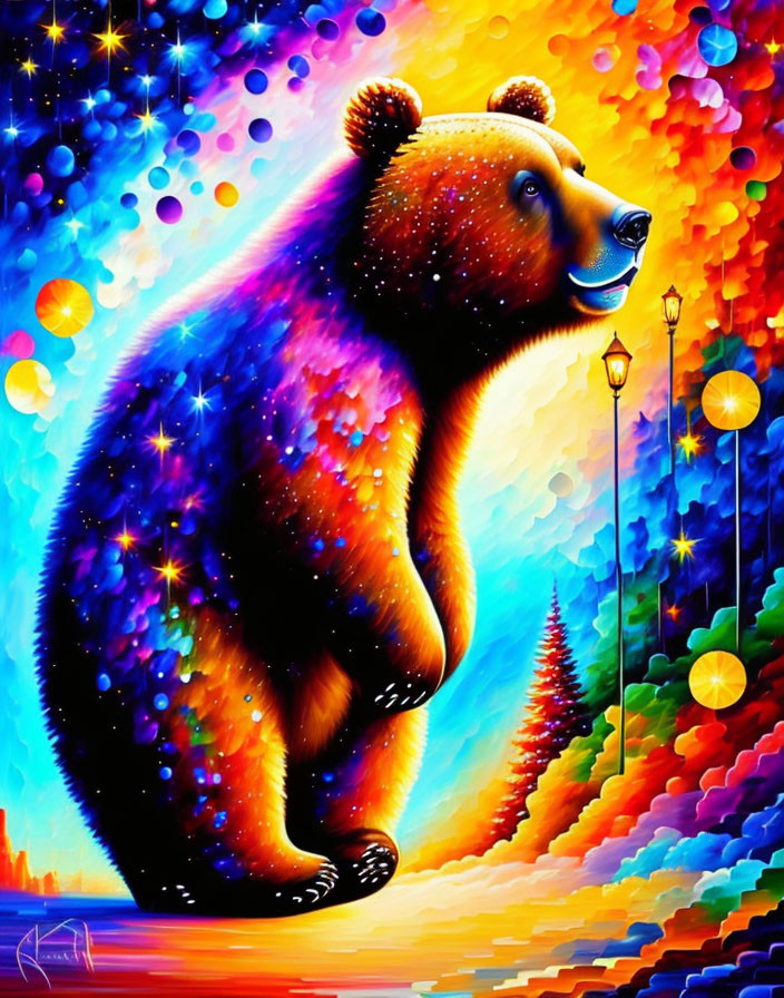 Colorful painting of bear under vibrant sunset sky with aurora-like coat.