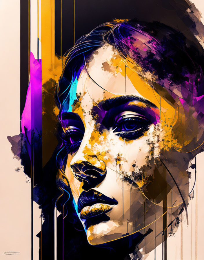 Colorful digital artwork: Woman's profile with abstract yellow, purple, and black elements