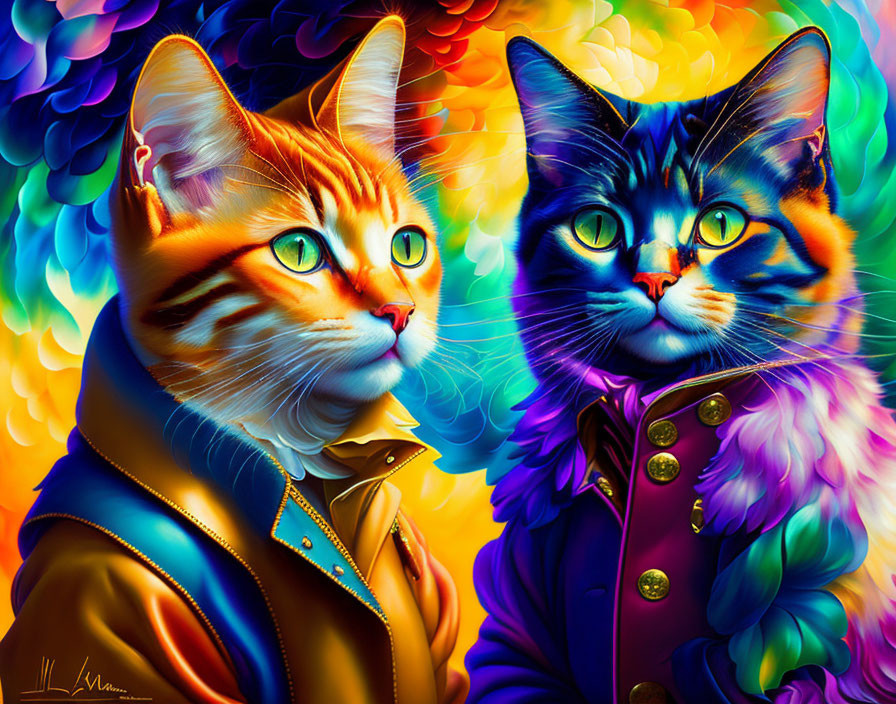 Vibrantly colored stylized cats in human-like clothing on psychedelic background