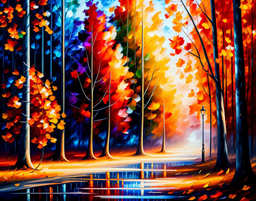 Colorful Autumn Forest Scene with Reflective Path and Lamp Post