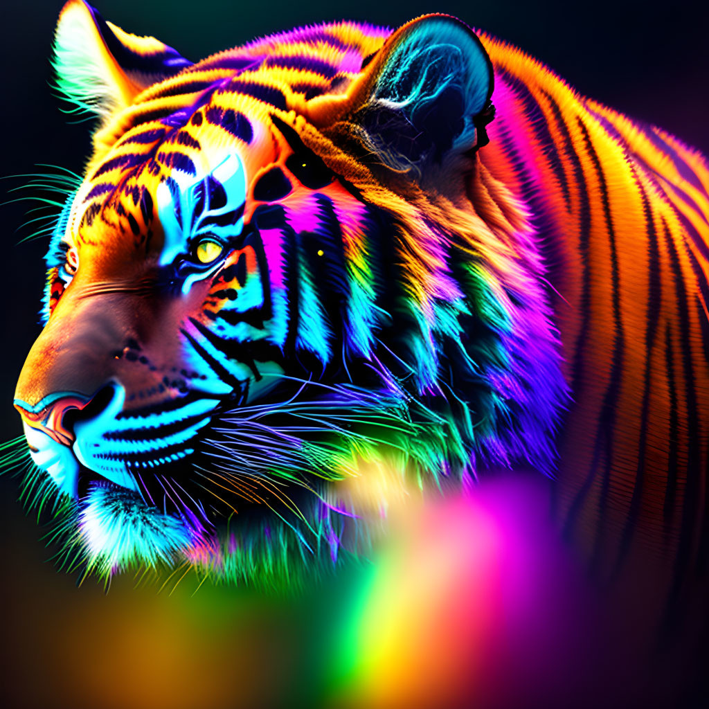 Colorful Tiger Head Artwork with Neon Stripes on Black Background