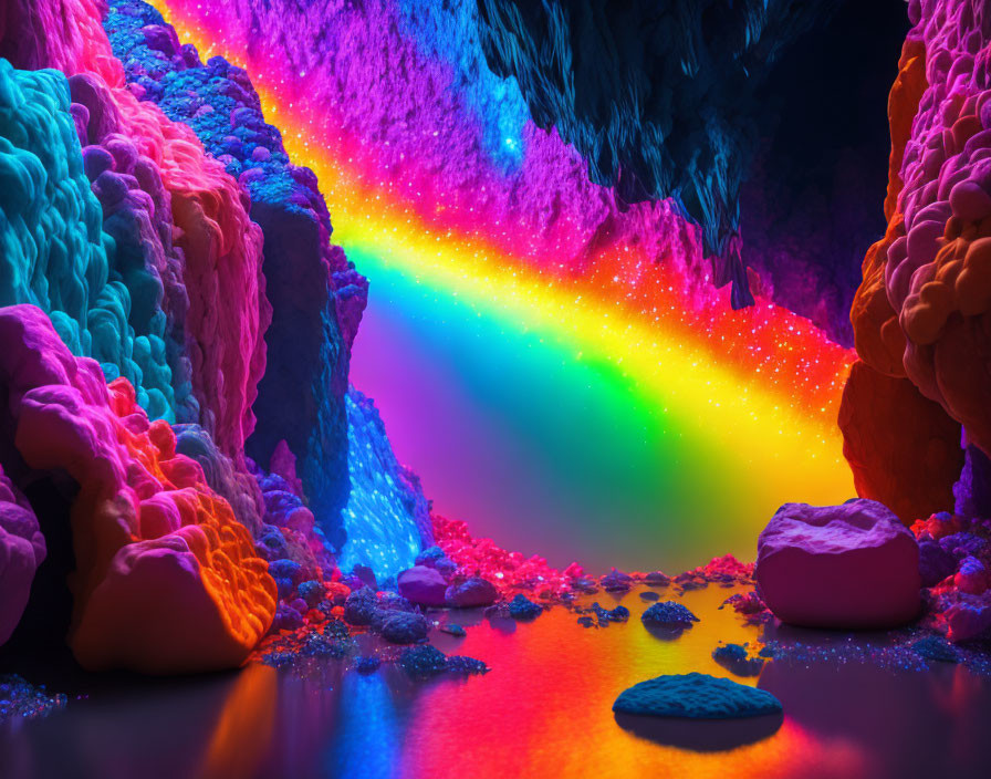 Neon-lit cave with rainbow colors, iridescent stalagmites, reflective floor