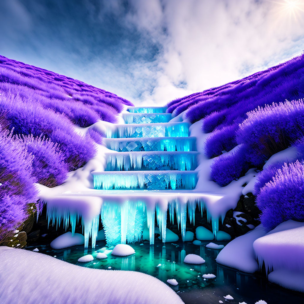 Surreal landscape with icy blue waterfall, purple foliage, and snowy banks