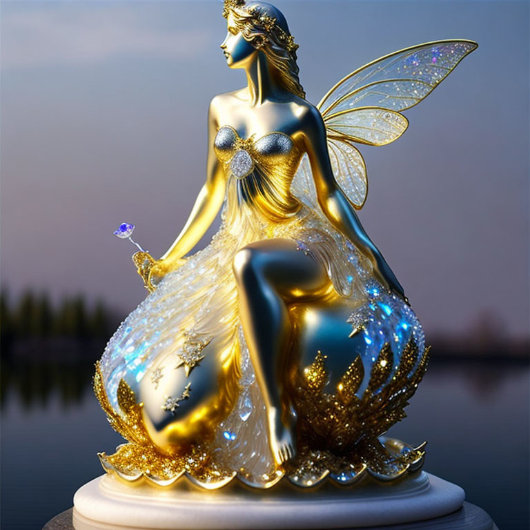 Sitting fairy figurine with golden and blue accents and translucent wings