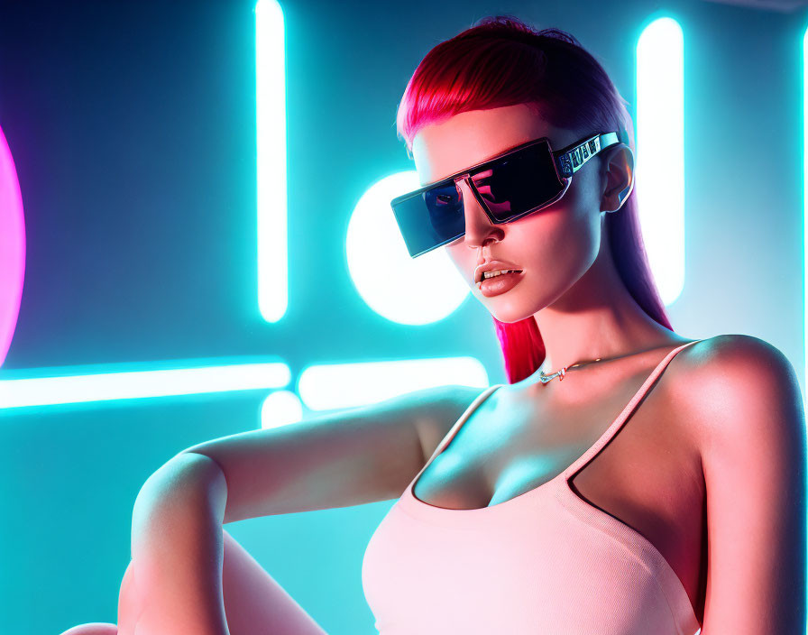 Red-haired woman in futuristic sunglasses under neon light.