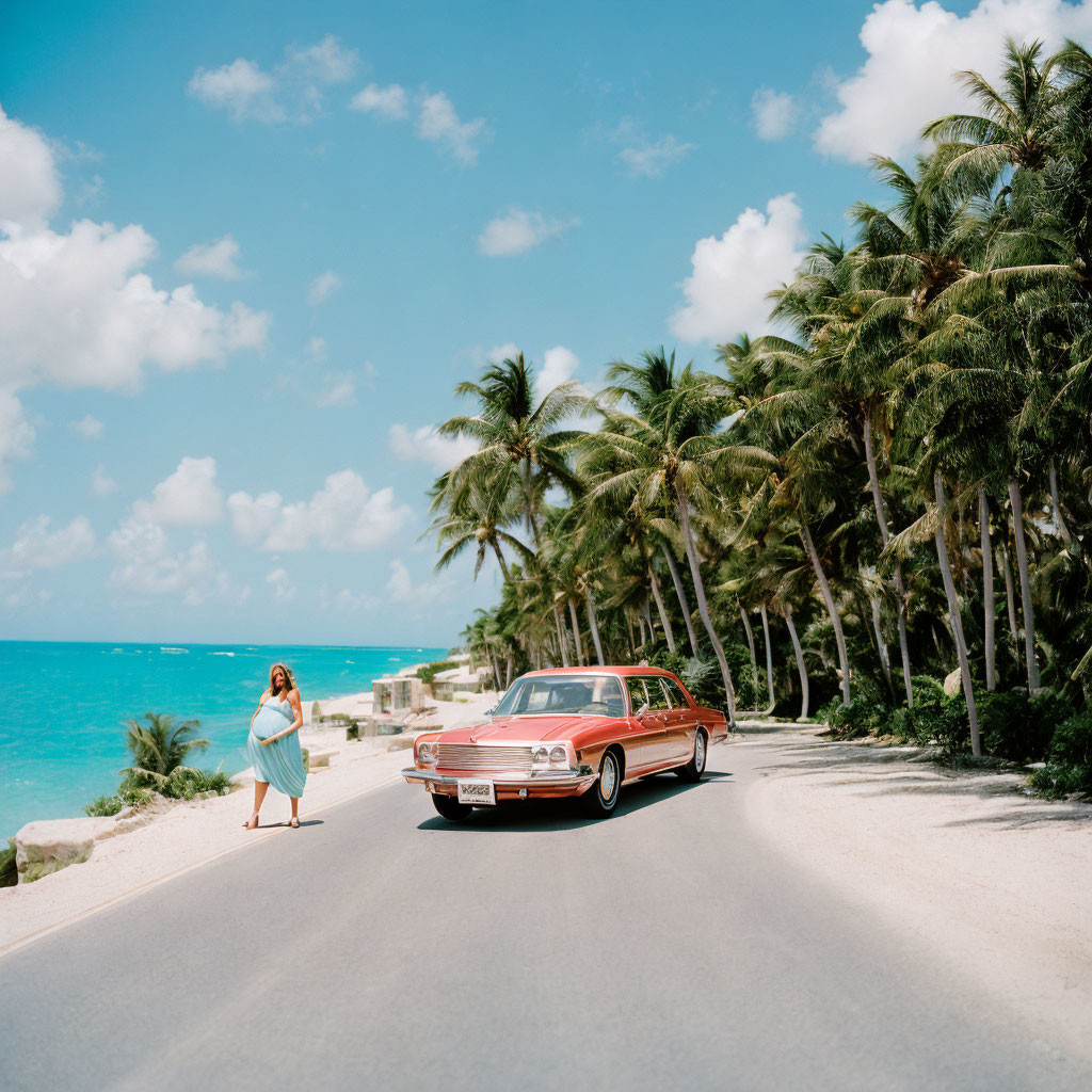 Vintage Red Station Wagon and Woman on Coastal Road