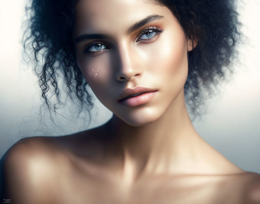 Photorealistic portrait of woman with curly hair and hazel eyes