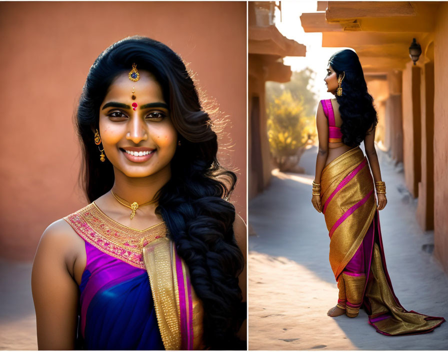 Smiling woman in pink and gold saree with black hair in alleyway