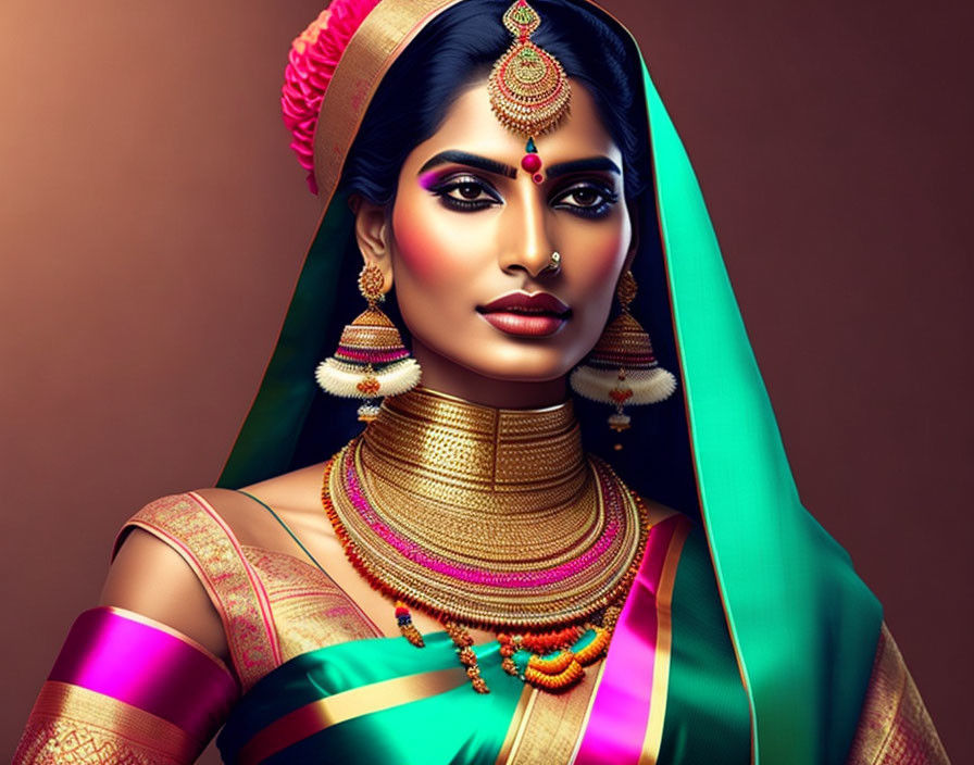 Traditional Indian Bridal Attire Illustration with Elaborate Jewelry