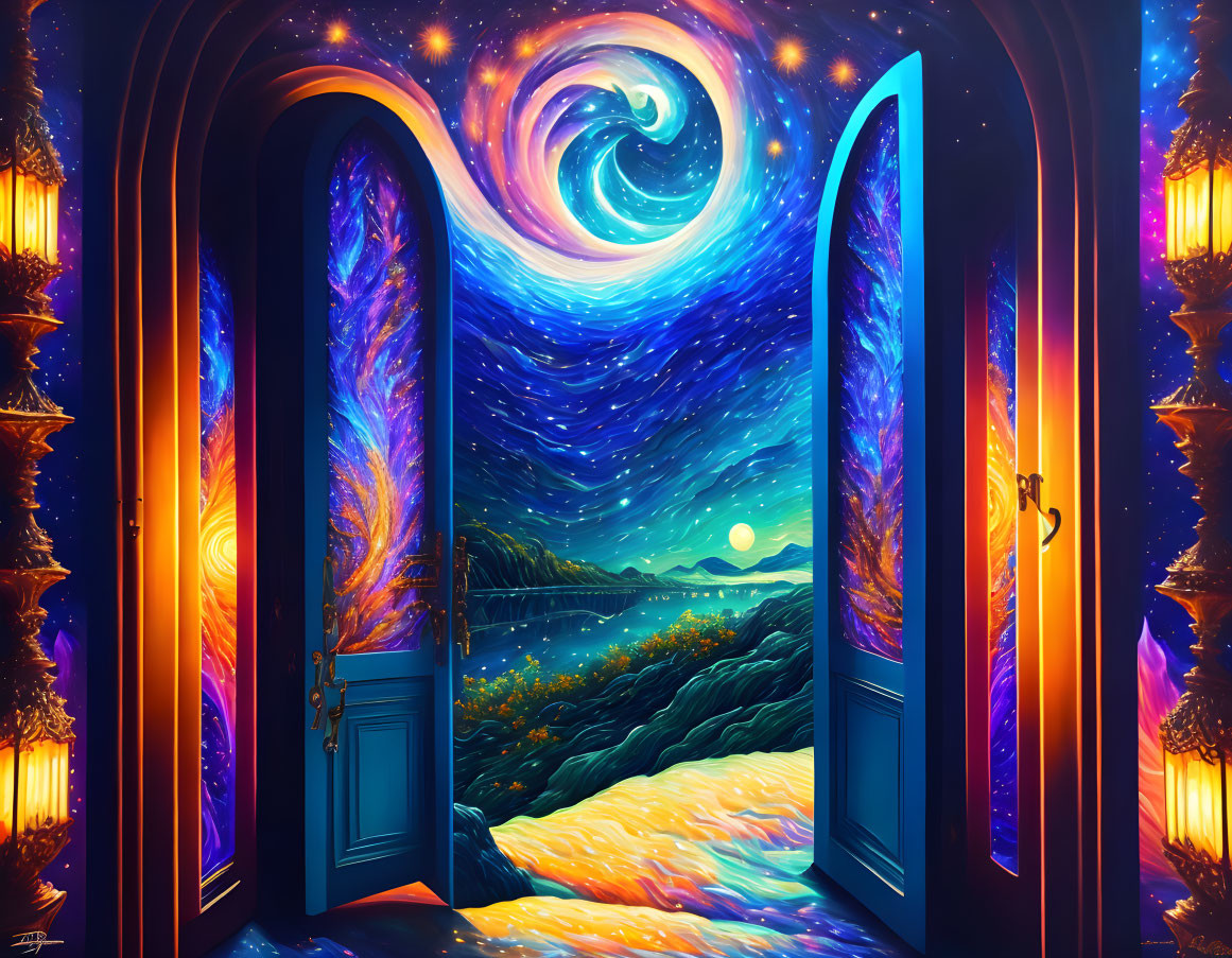 Fantastical landscape with swirling galaxies and moon viewed through open door