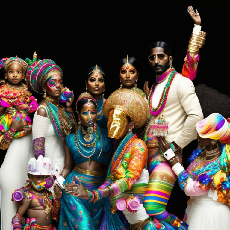 Group of people in vibrant traditional Indian attire posing with a modern twist