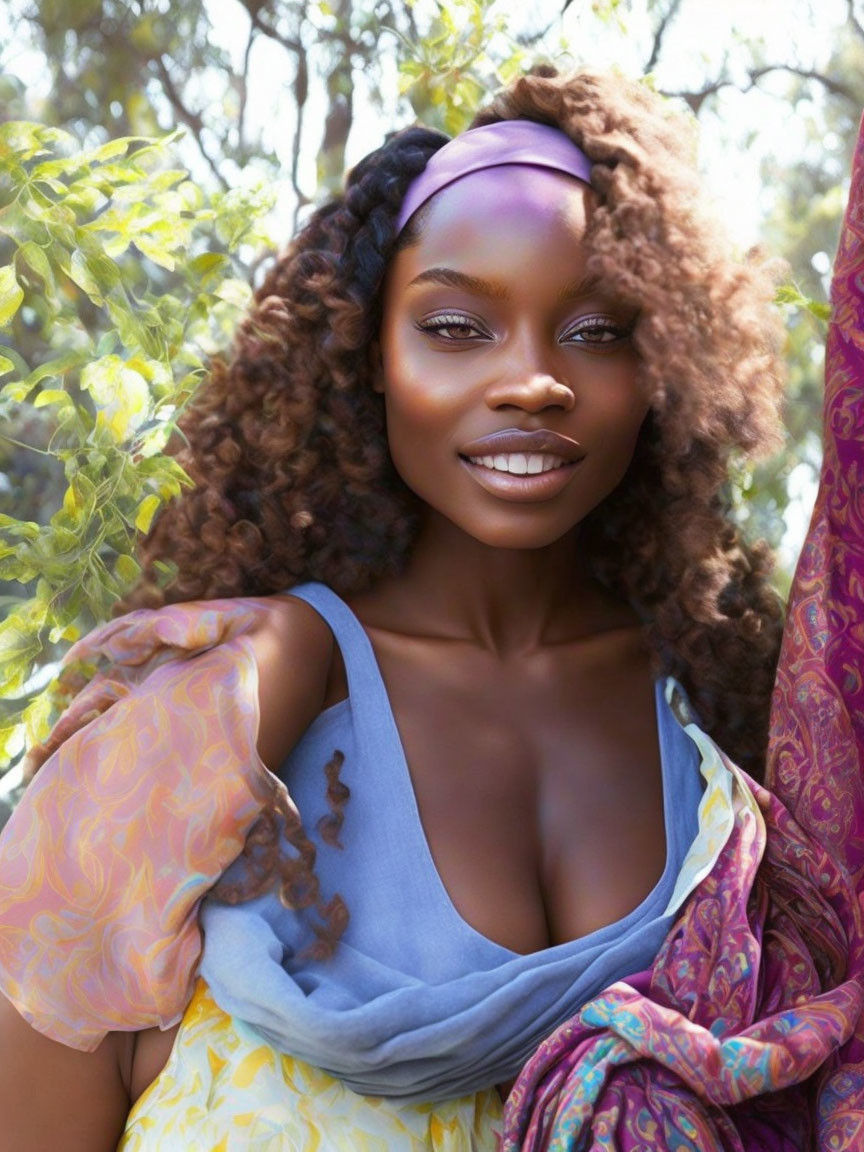 Curly-haired woman in blue off-shoulder top with headband in greenery pose.