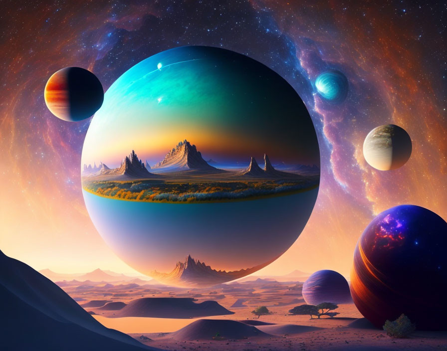 Colorful sci-fi landscape with multiple planets over alien desert.