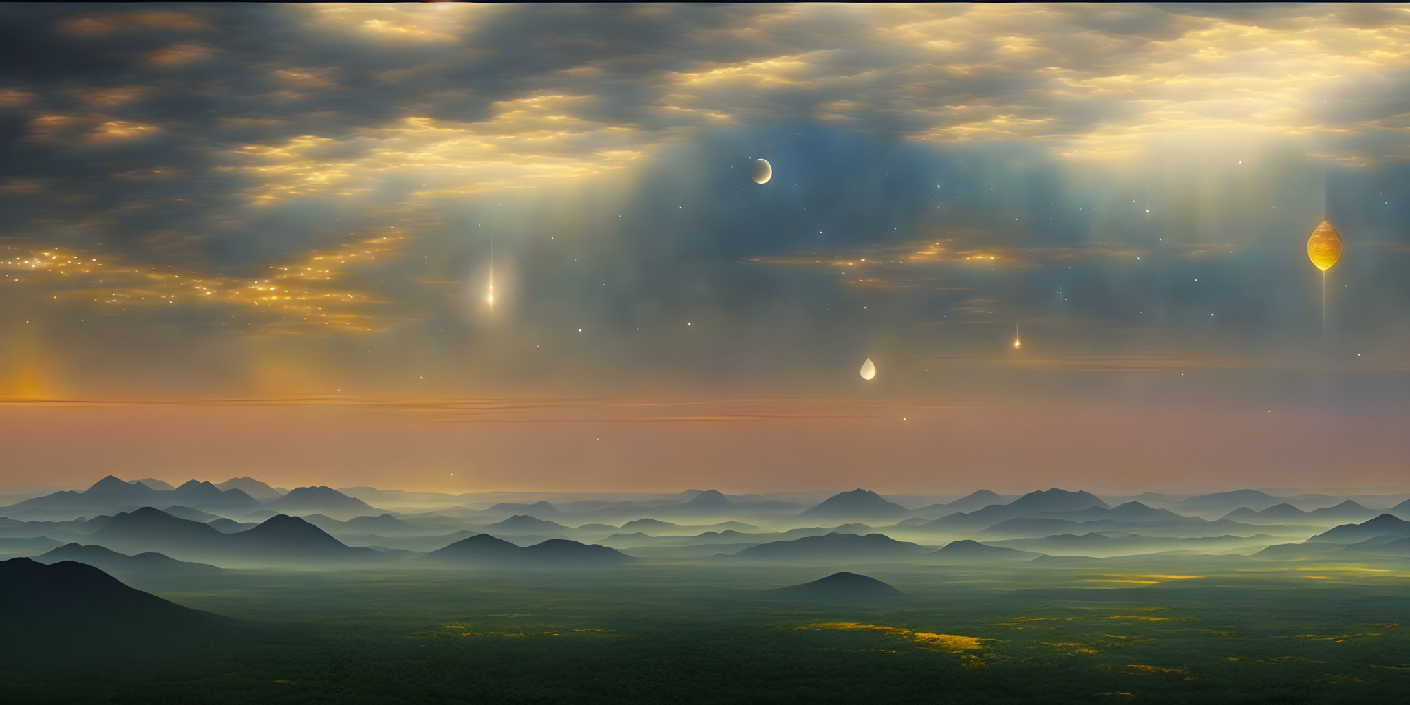 Vibrant sky over rolling green hills with celestial bodies