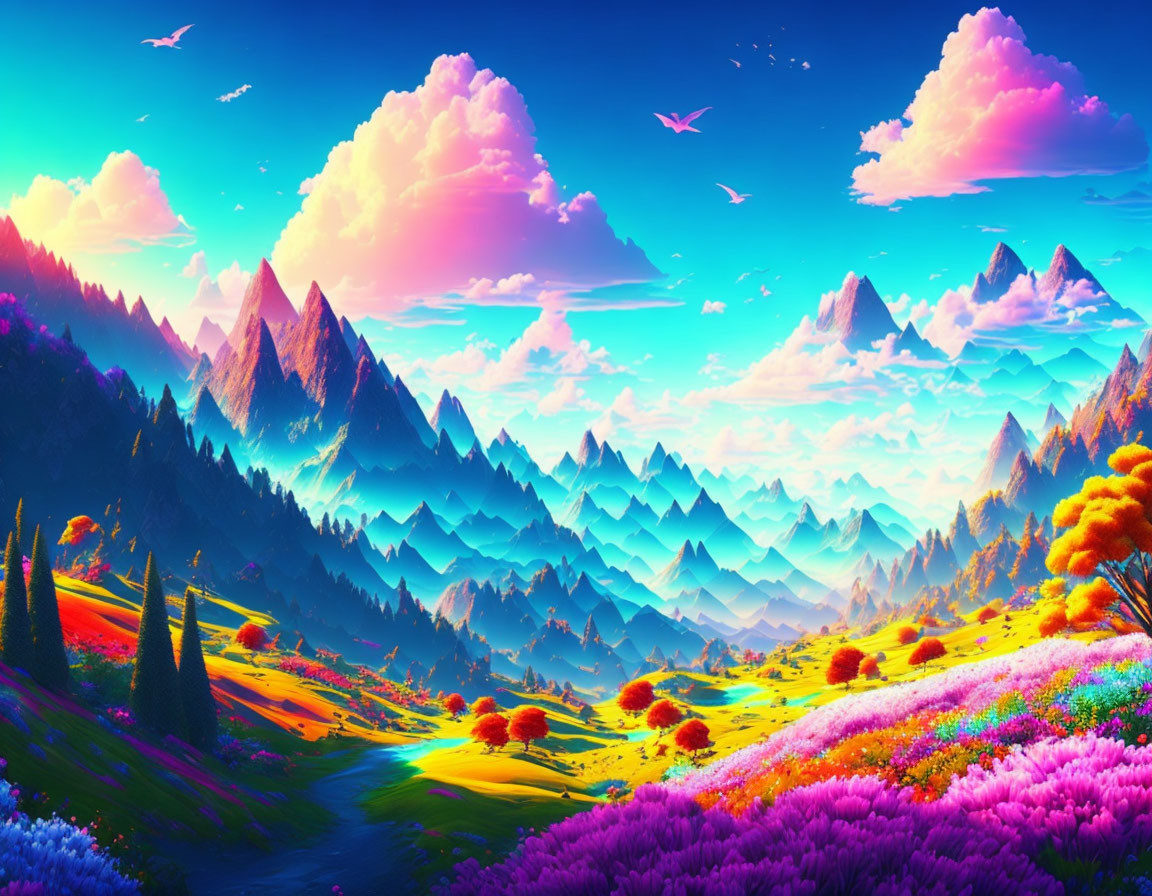 Colorful Flora and River in Mountain Landscape