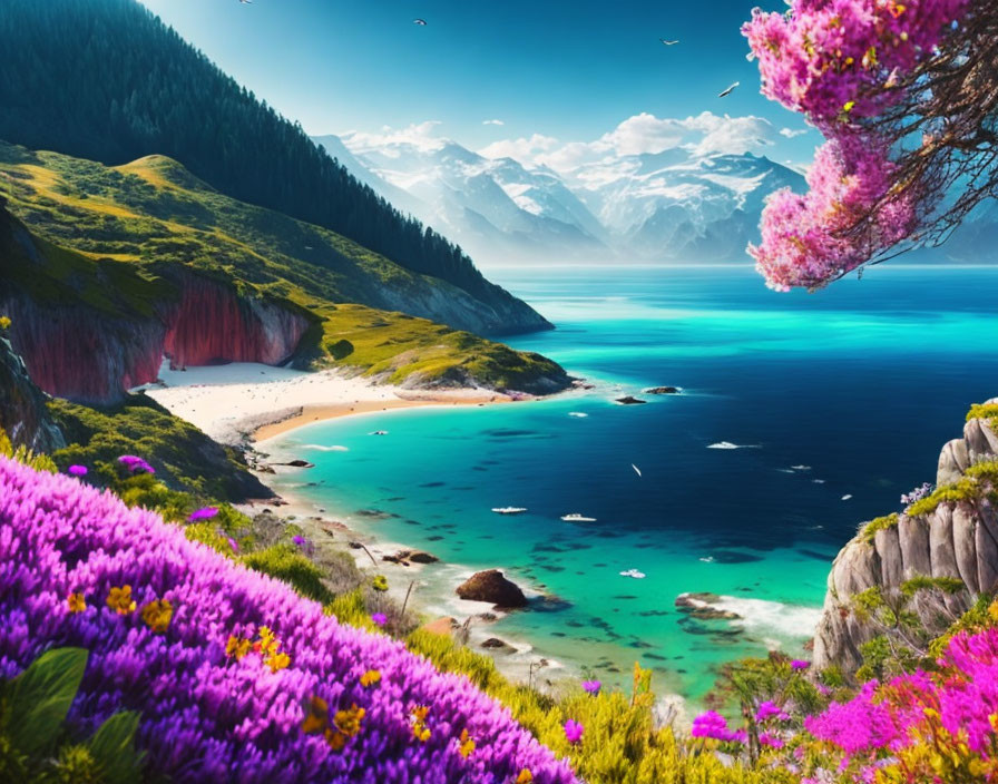 Scenic coastal landscape with turquoise bay, cliffs, flowers, beach, and mountains.