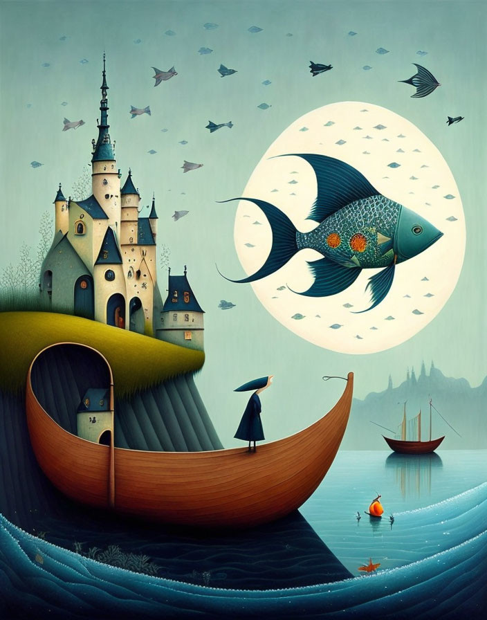 Whimsical painting featuring boat, castle, fish, and moon in serene blue setting