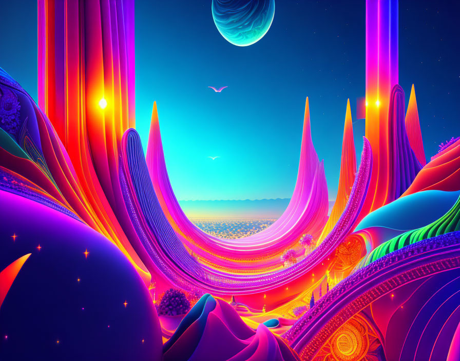 Colorful surreal landscape with star-filled skies and alien moon