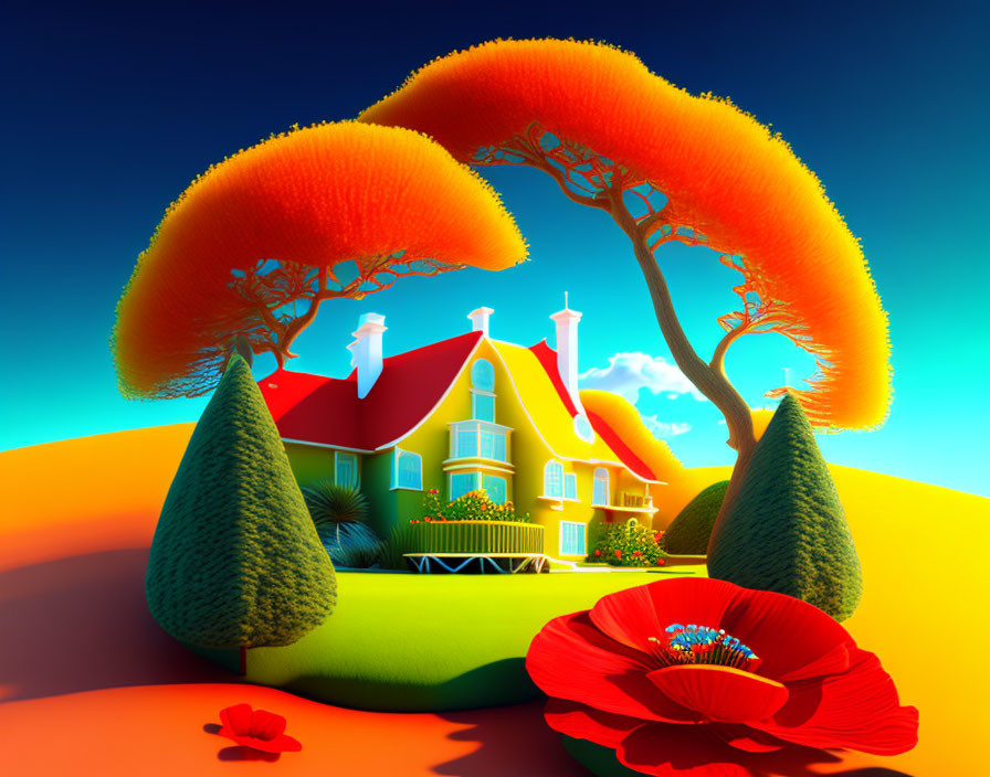 Whimsical house illustration with vibrant, oversized landscape elements