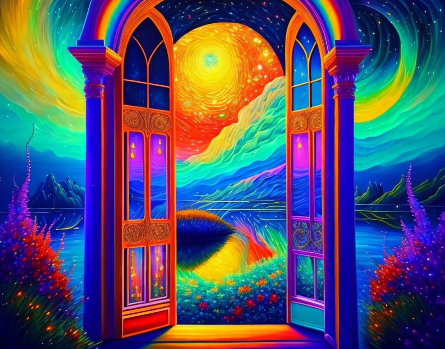 Colorful Psychedelic Artwork: Open Doorway to Surreal Starry Landscape