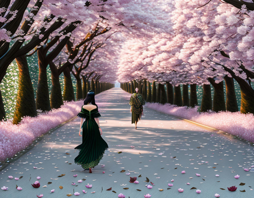 Digital Artwork: Two Characters in Elaborate Costumes Among Cherry Blossoms