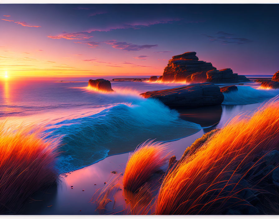 Scenic beach sunset with crashing waves and orange light on grasses