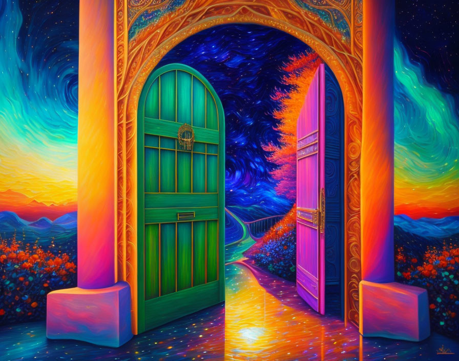 Vibrant painting: Two doors, sunset mountains, starry night sky.