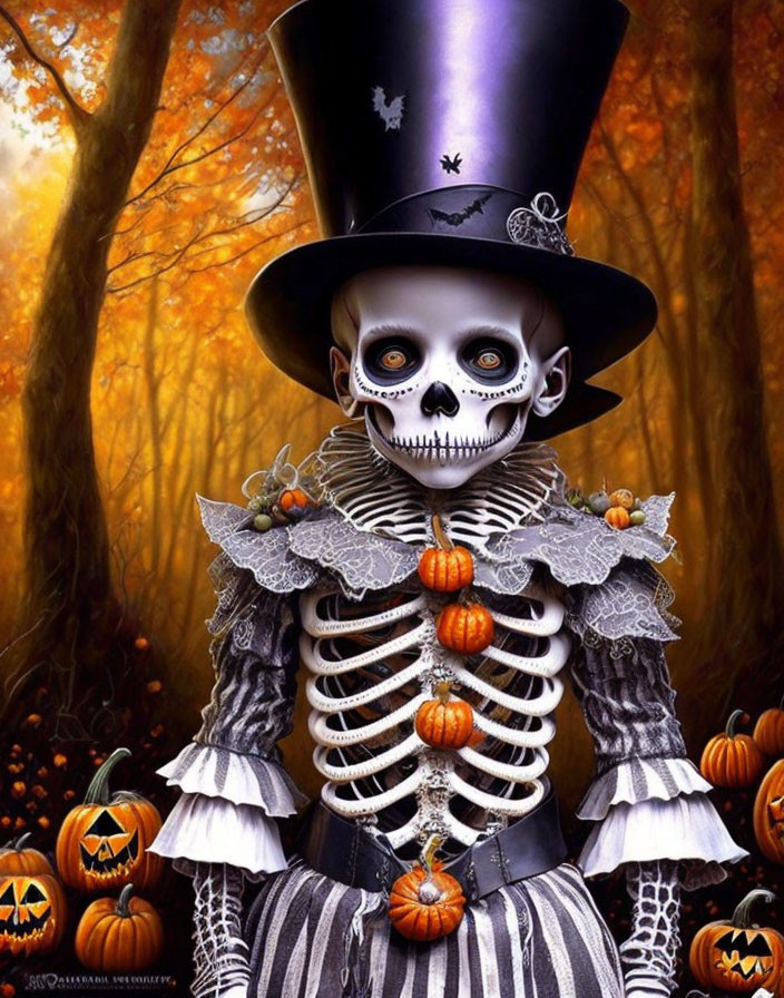 Skeleton in Top Hat with Pumpkins and Autumn Leaves in Orange Forest