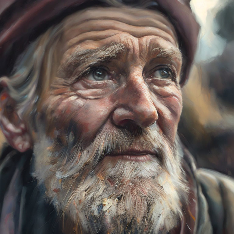 Elderly man with weathered face, cap, and beard in reflective gaze