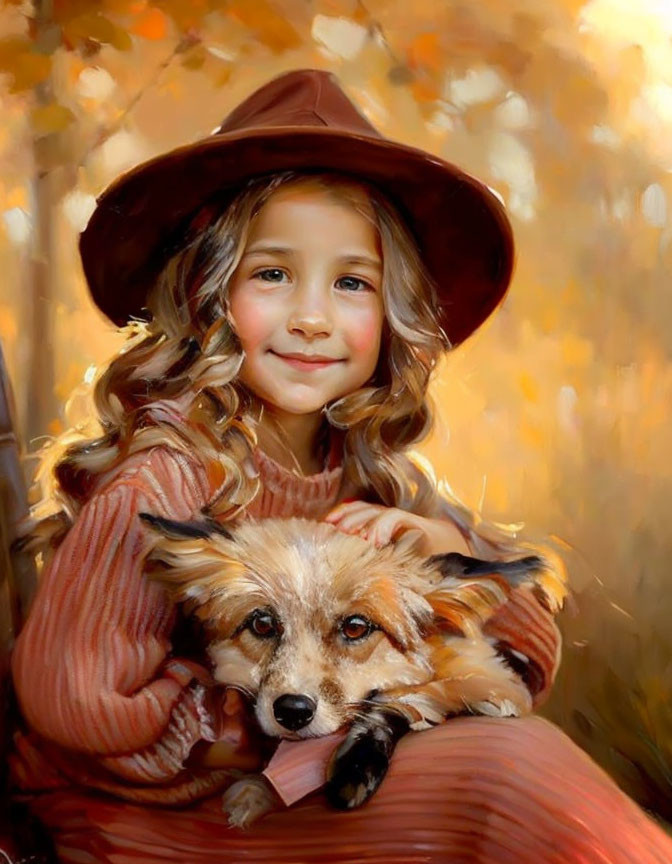 Smiling girl in brown hat with small dog in autumnal setting