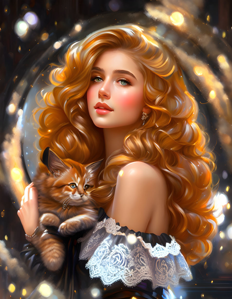 Woman with Golden Hair Holding Brown Kitten in Soft Glowing Lights