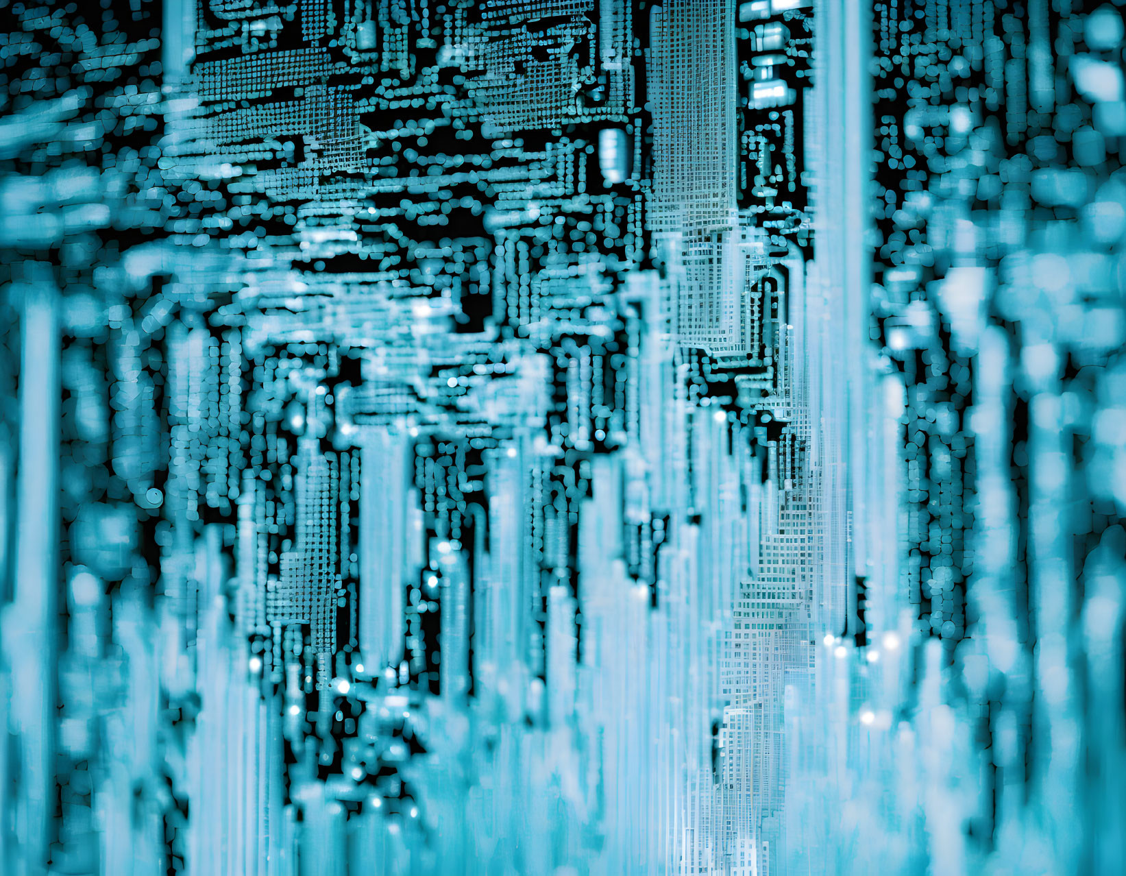 Blue and white digital art: Matrix-inspired data streams cascade in cybernetic waterfall.