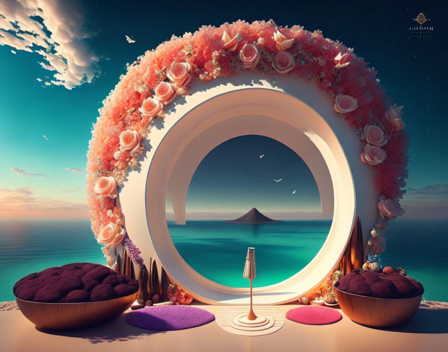 Surreal beach scene with circular floral arch, mountain view, cushions, candles, and spices