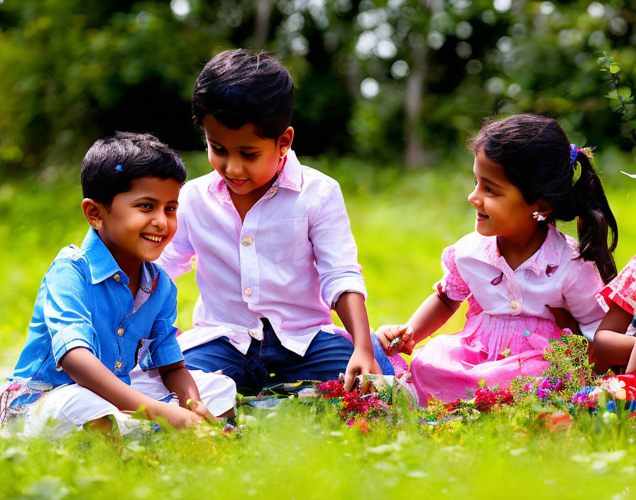 Children playing happily on sunny green lawn