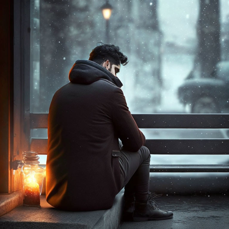 Man sitting by window with candle in snowy scene