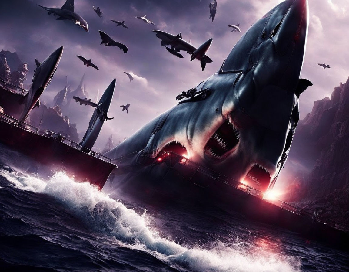 Enormous shark surrounded by submarines under stormy sky with flying sharks