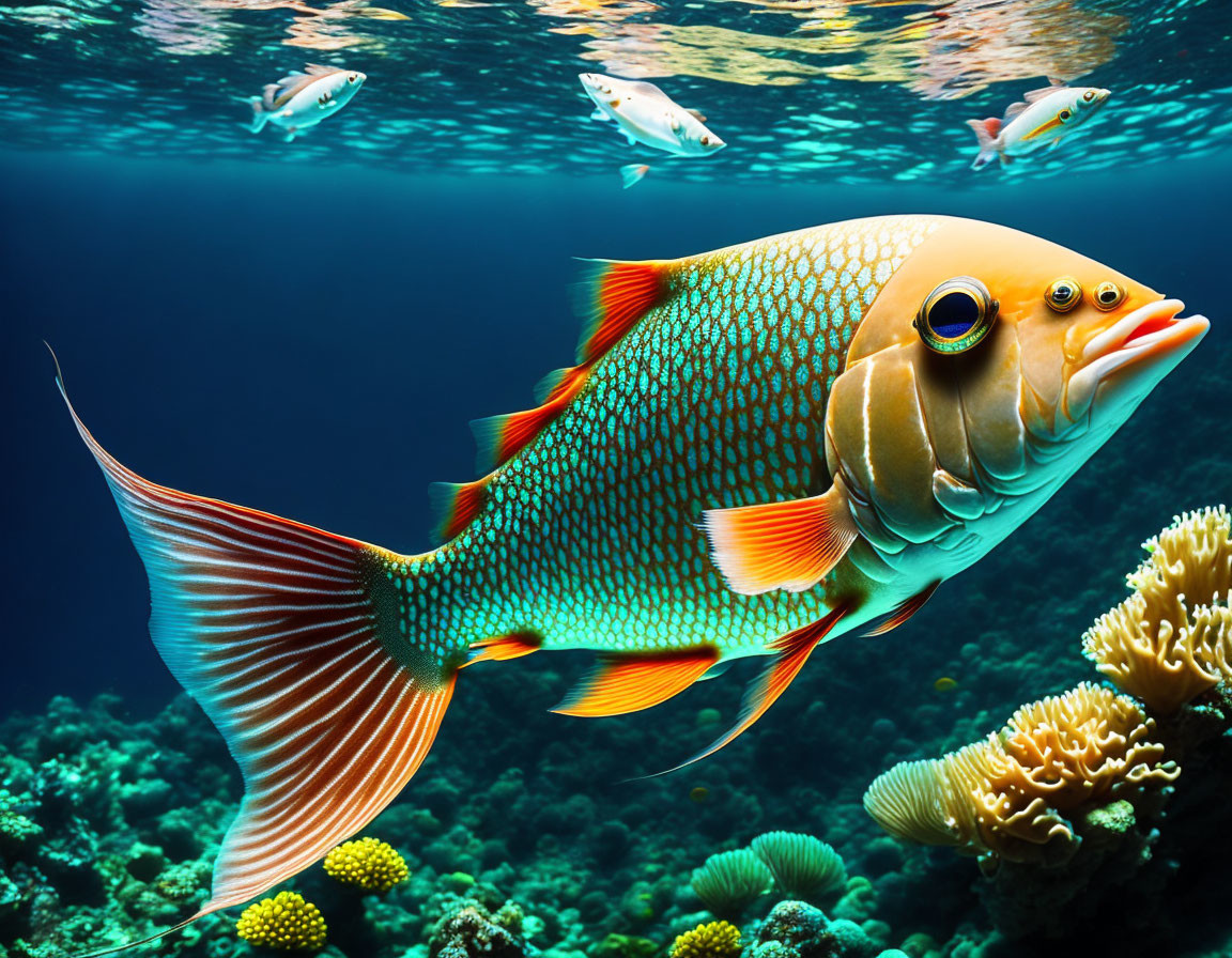 Colorful Parrotfish Swimming Among Coral Reef in Ocean Waters