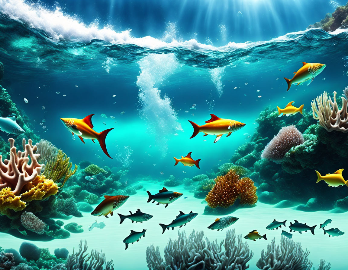 Colorful Fish and Coral Reefs in Sunlit Underwater Scene