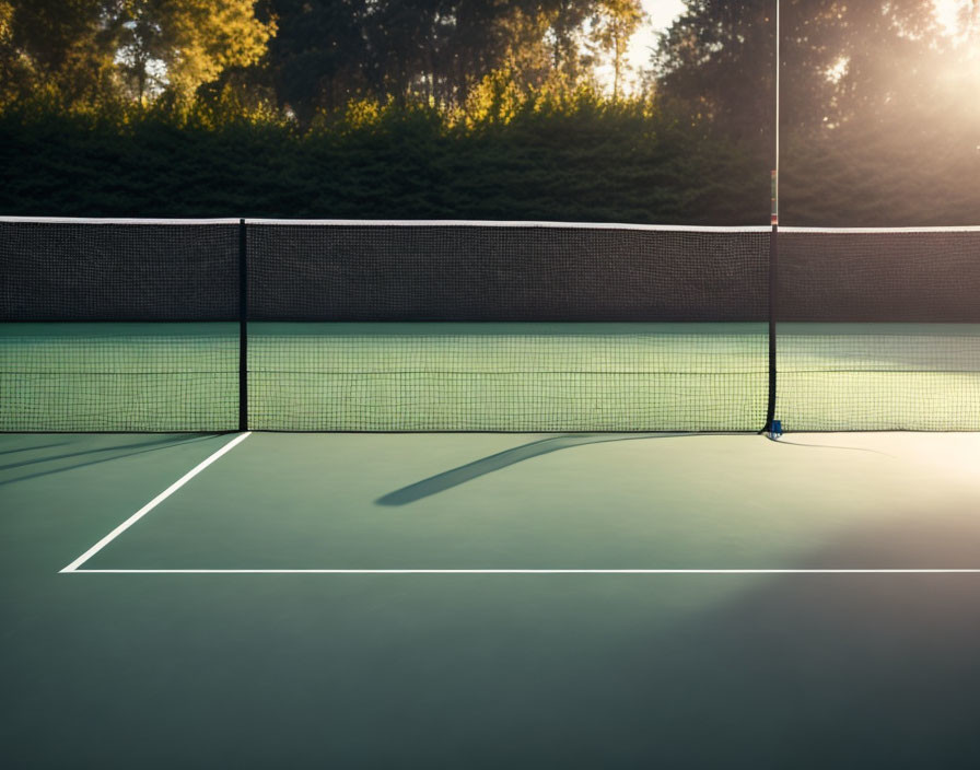 Tranquil tennis court with shadow net and tree backdrop