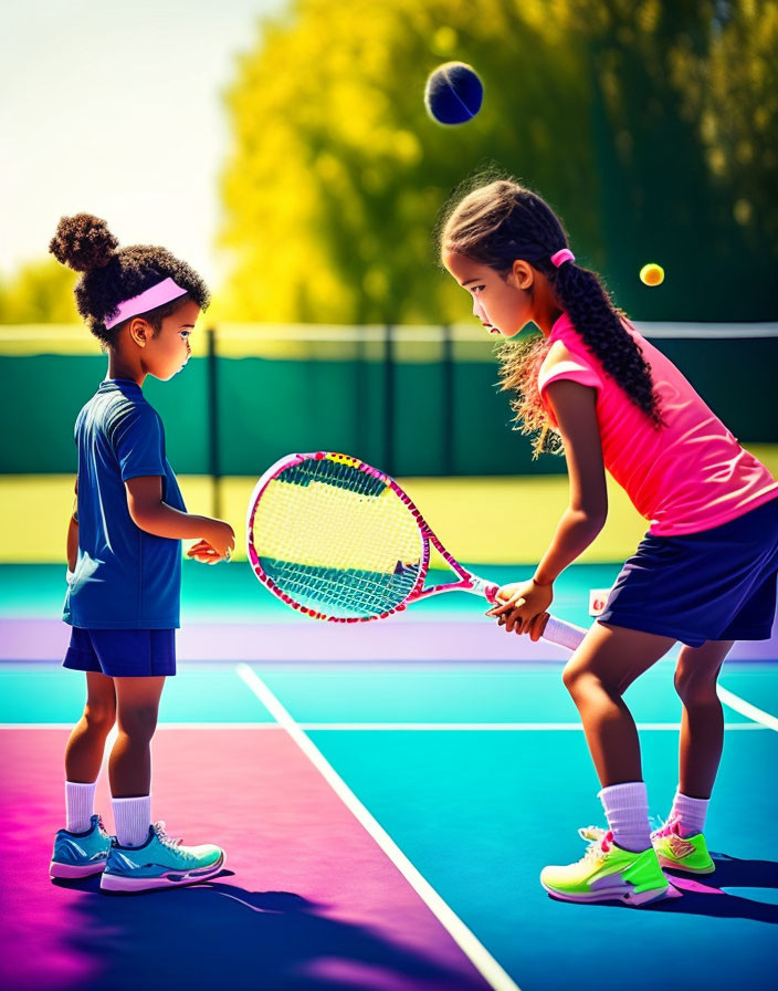 Young girls on tennis court in sporty outfits and sneakers with tennis ball.