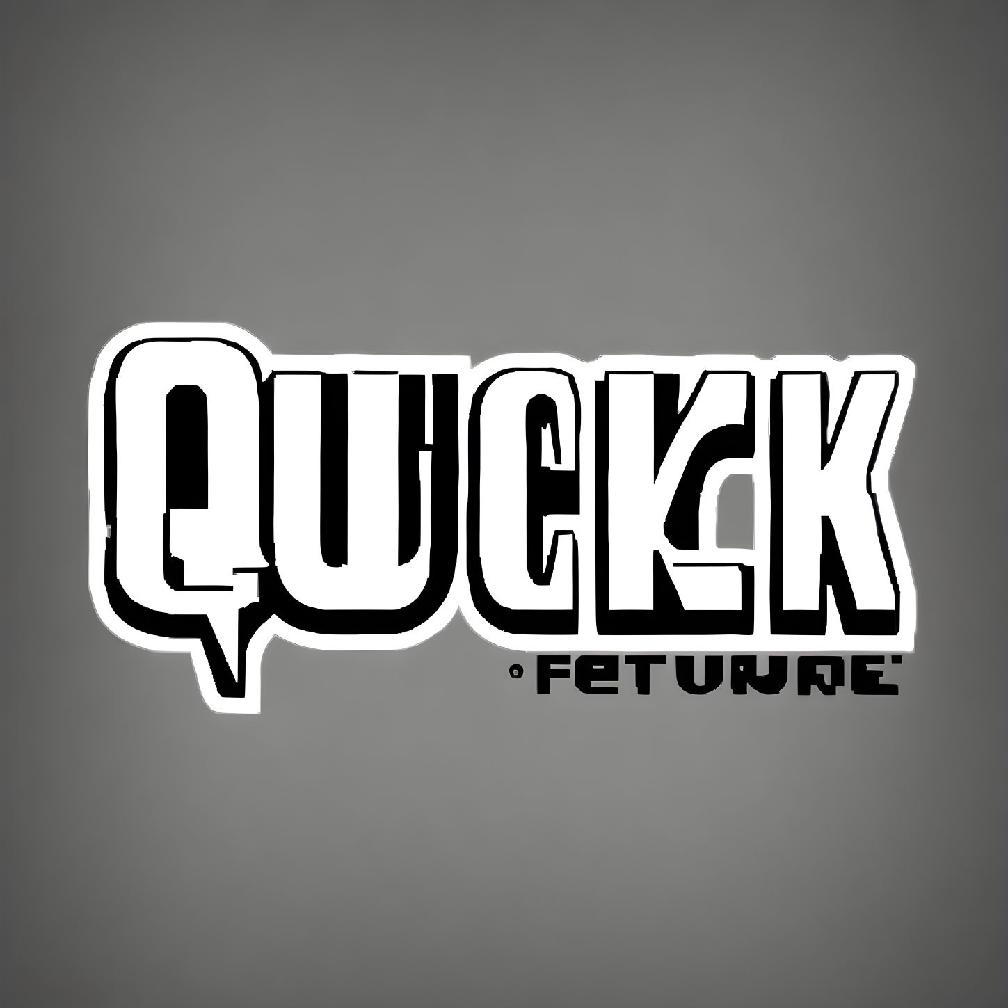 Stylized logo with "QUECK" in bold black lettering in a white speech bubble.