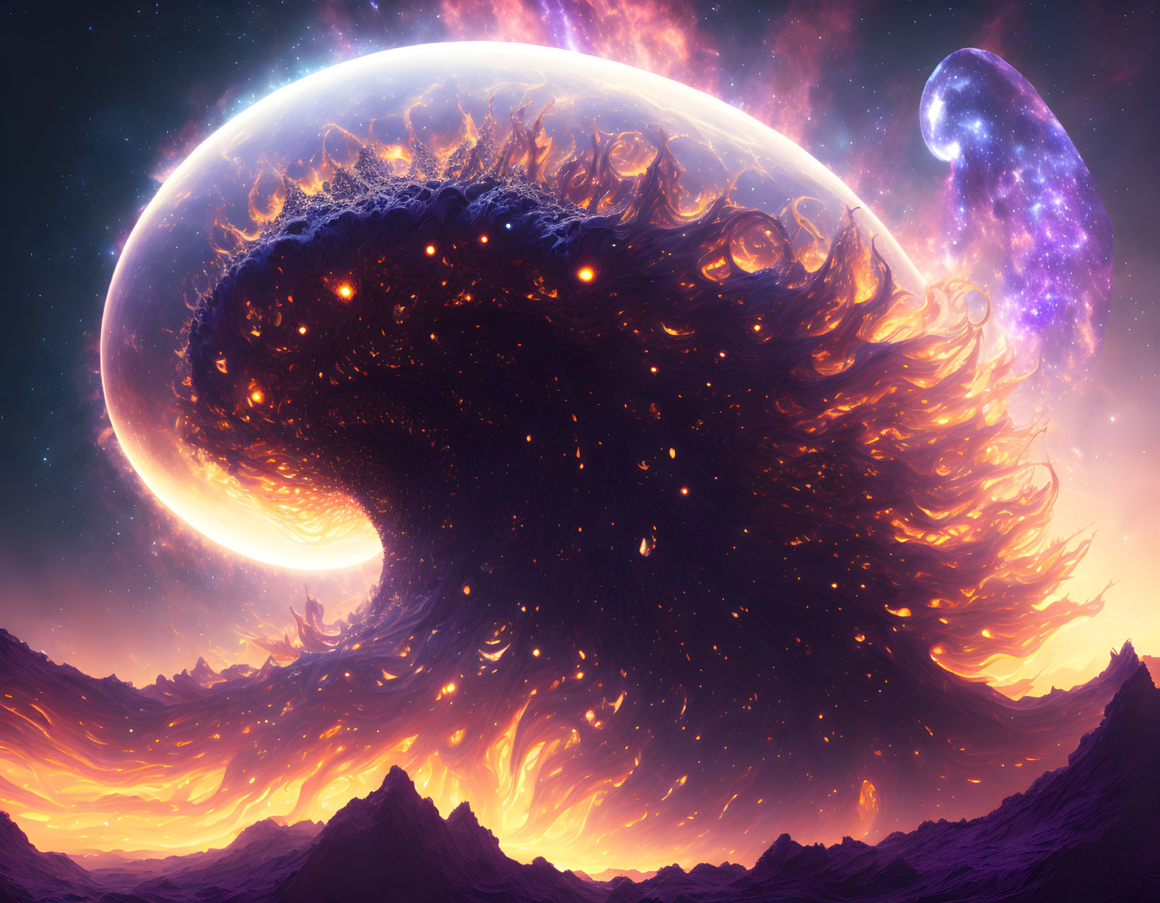 Surreal sci-fi landscape with fiery wave formation in sky above rocky terrain