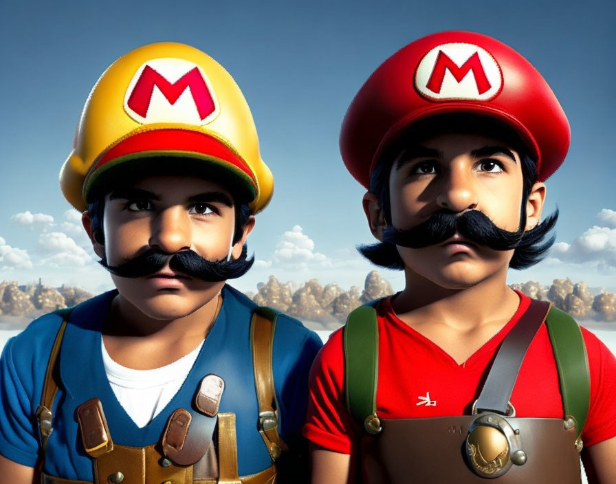 Two animated characters with oversized mustaches in helmets, one in blue overalls and the other in red