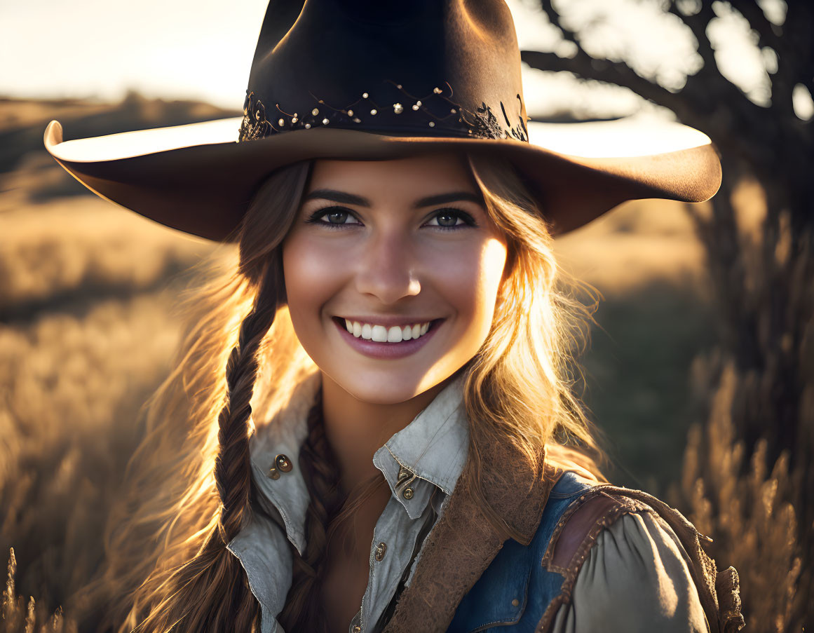 Smiling woman in cowboy attire in golden sunset field