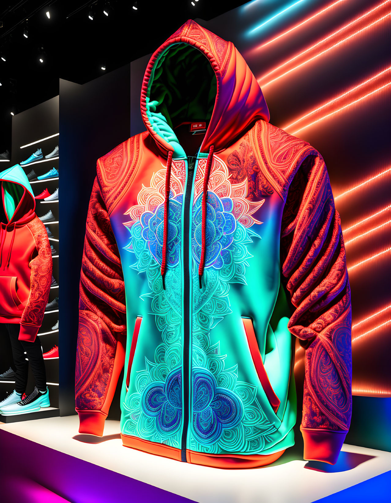 Red and Cyan Gradient Hoodie with Mandala Designs on Illuminated Background