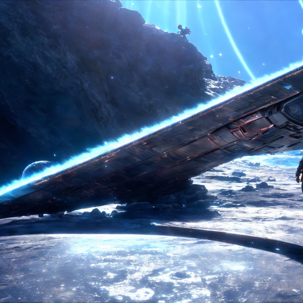 Futuristic spaceship above icy alien landscape with bright stellar sky