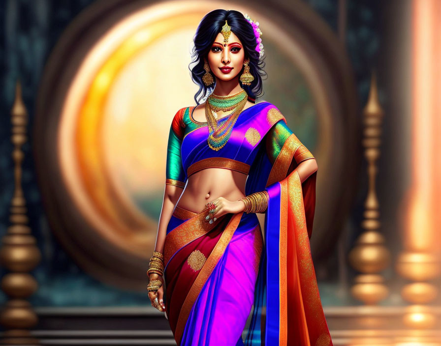 Traditional Indian Woman in Vibrant Sari and Jewelry Poses Against Ornate Background